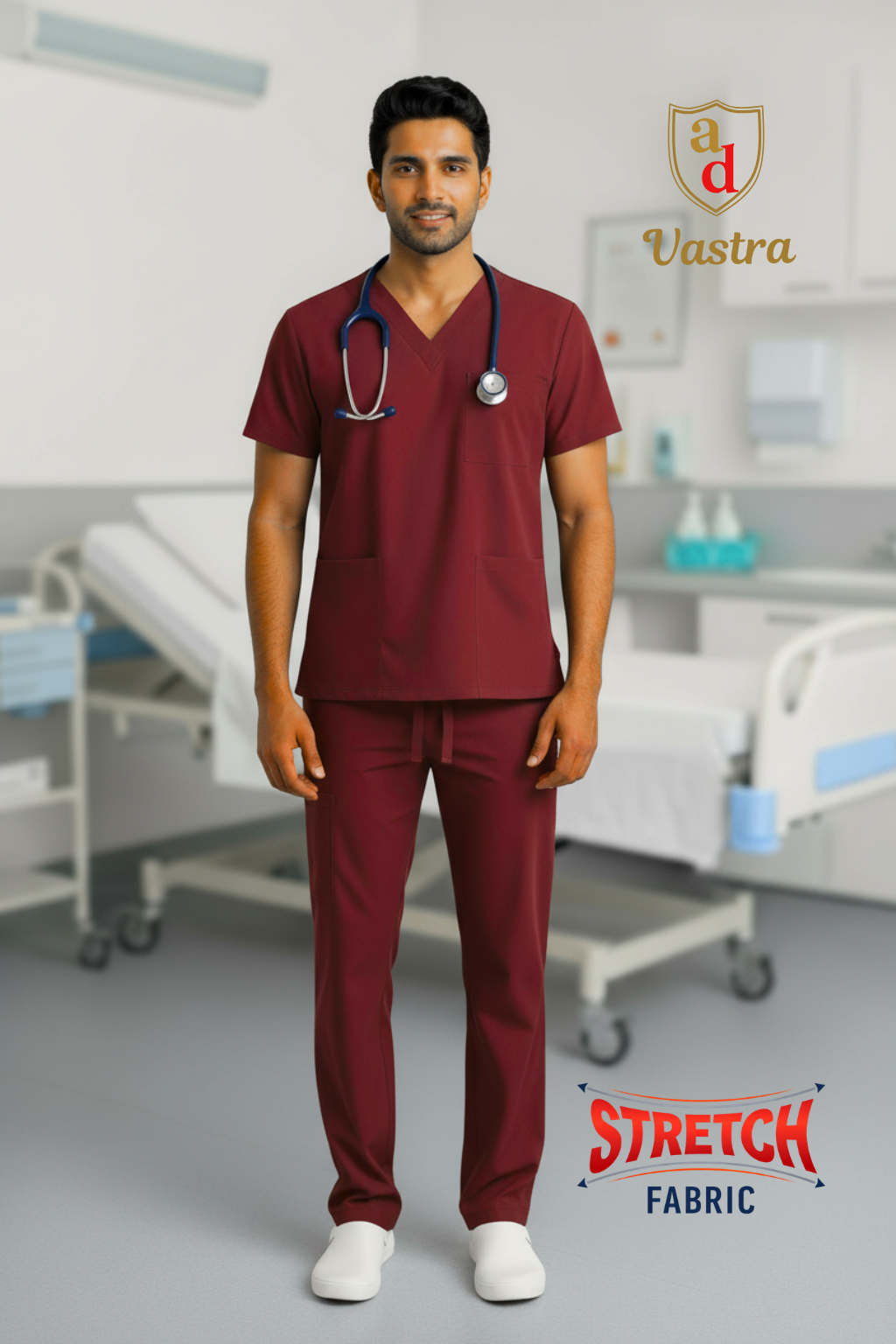 Flex V-Neck Scrub – Men’s, Maroon (Stretchable)