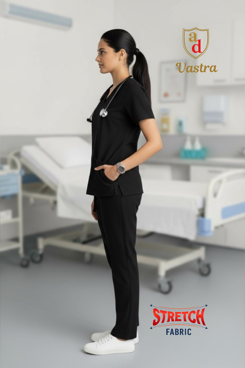Flex V-Neck Scrub – Women’s, Black (Stretchable)