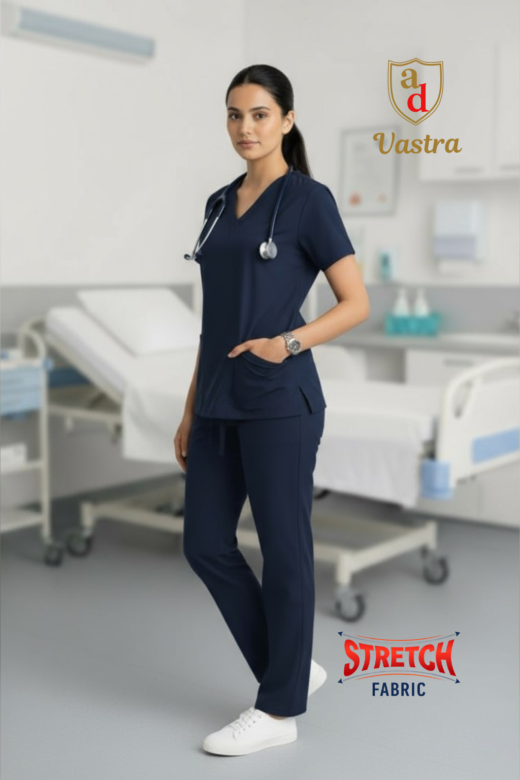 Flex V-Neck Scrub – Women’s, Navy Blue (Stretchable)